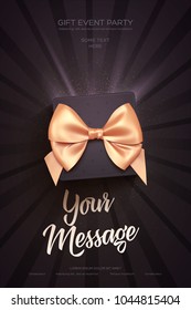 Beautiful Valentine's Day greeting flyer or poster. Top view on black gift box and golden bow. Vector illustration