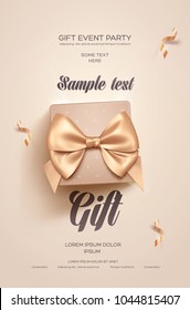 Beautiful Valentine's Day Greeting Flyer Or Poster. Top View On Beige Gift Box And Golden Bow. Vector Illustration