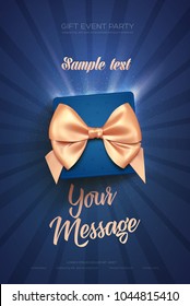 Beautiful Valentine's Day Greeting Flyer Or Poster. Top View On Blue Gift Box And Golden Bow. Vector Illustration