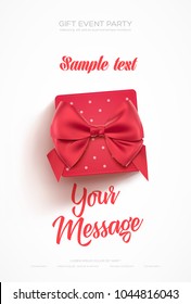 Beautiful Valentine's Day greeting flyer or poster. Top view on red gift box and red bow. Vector illustration