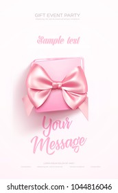 Beautiful Valentine's Day greeting flyer or poster. Top view on pink gift box and pink bow. Vector illustration