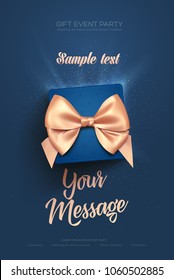 Beautiful Valentine's Day greeting flyer or poster. Top view on blue gift box and golden bow. Vector illustration