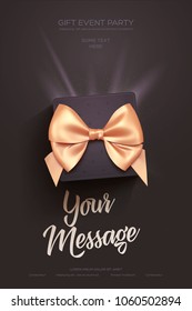 Beautiful Valentine's Day greeting flyer or poster. Top view on black gift box and golden bow. Vector illustration