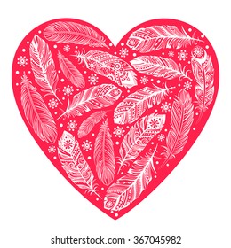 Beautiful Valentine's day heart with ethnic feathers