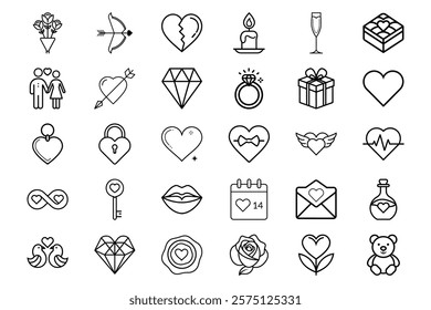 Beautiful Valentines Day Icon Set with Hearts, Gifts, Roses, Couples, and Wedding Symbols