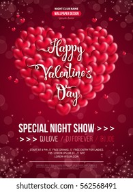 Beautiful Valentine's Day poster design. Vector illustration. Love concept with many red small hearts and typography template for text.