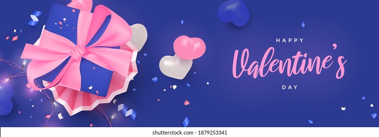 Beautiful valentine's day realistic flat lay banner with glowing lights, decorative hearts and gift box vector background