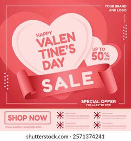 Beautiful Valentine's Day sale banner with heart designs and ribbon, offering discounts up to 50%. Perfect for promoting seasonal sales and love-themed offers