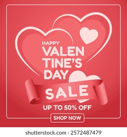 Beautiful Valentine's Day sale banner with heart designs and ribbon, offering discounts up to 50%. Perfect for promoting seasonal sales and love-themed offers