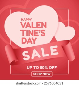 Beautiful Valentine's Day sale banner with heart designs and ribbon, offering discounts up to 50%. Perfect for promoting seasonal sales and love-themed offers