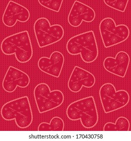 Beautiful Valentine's day seamless pattern background with lacy hearts in bright red color.