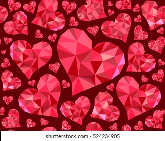 Beautiful Valentine's day vector seamless pattern with red polygonal hearts, ruby colors