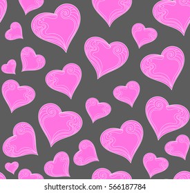 Beautiful Valentine's day vector seamless pattern with figured lacy hearts, purple and grey colors. Decorative endless texture