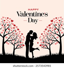 beautiful Valentine's Day-themed illustration featuring a romantic couple silhouette surrounded by heart-shaped trees and soft grass. The design has a warm, light background and vibrant red and pink 