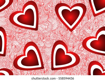 Beautiful Valentines vector seamless pattern with red hearts