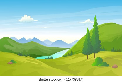 Beautiful valley landscape with green hills, river and mountains.