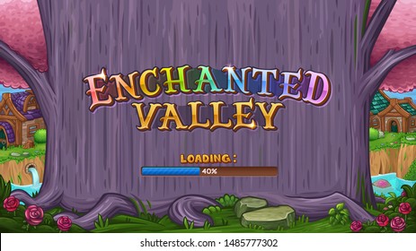 Beautiful valley with magical purple tree. Background with logo enchanted valley. For slots game. Vector illustration.