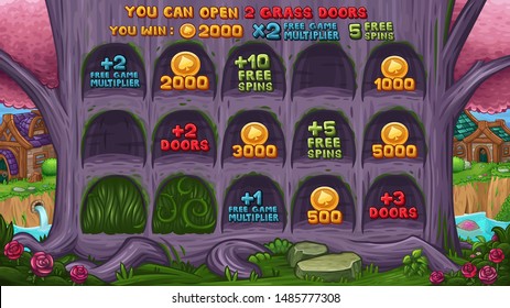 Beautiful valley with magical purple tree and win icons. Background for slots bonus game. Vector illustration.