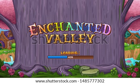 Beautiful valley with magical purple tree. Background with logo enchanted valley. For slots game. Vector illustration.