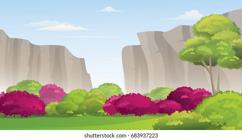 Beautiful Valley Scenery Between Two High Cliffs.Vector Illustration.