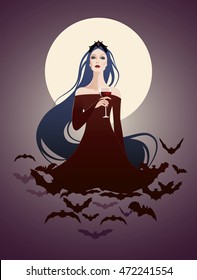 Beautiful vampire on a cloud of bats holding a wineglass (or blood)