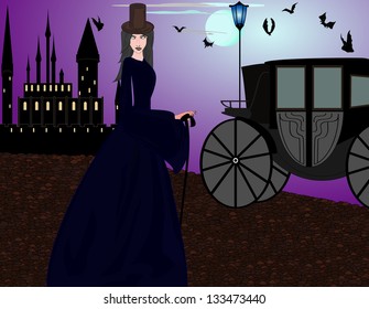 Beautiful vampire woman near the castle at the evening street