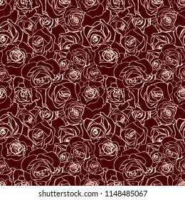 A lot of beautiful vanilla outline rosebuds on dark, seamless pattern