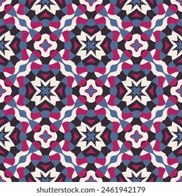 Beautiful variegated polygonal seamless pattern. Overlapping art forms, stripes, polygons, segments are grouped and arranged in a certain order. Vector. 