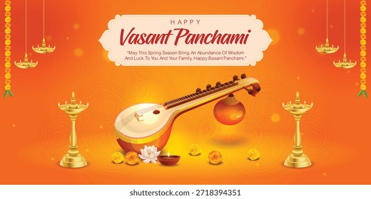 Bonito vetor de saudação Panchami vasant com uma veia tradicional, lâmpadas de óleo brilhantes (diya), flores de calêndula e decorações enforcamento festivo em um fundo amarelo-laranja quente. Esta obra de arte representa a celebração de Basant Panchami, simbolizando sabedoria, aprendizado, música e a chegada da primavera na cultura indiana. Ideal para saudações em festivais, postagens em mídias sociais, banners, cartazes, convites e projetos de eventos religiosos.