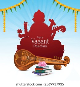 Beautiful vasant panchami indian festival with goddess saraswati card background