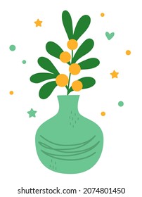 Beautiful vase with a mistletoe. Festive home decor for the Christmas holidays. Cute jug with a flower. Modern hand-drawn vector illustration in flat style. Isolated on a white background.