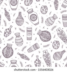 Beautiful vases seamless pattern. Various shapes of hand-drawn vase. Vector illustration. Vases on white background. 