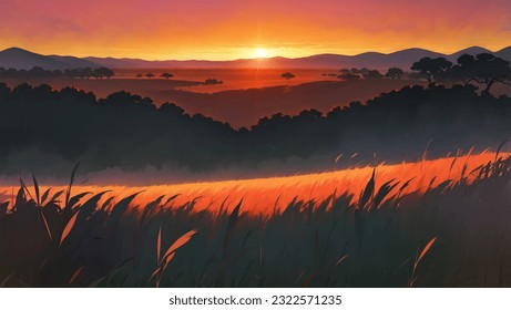 Beautiful Vast African Savanna Grassland at Dawn or Dusk Hand Drawn Painting Illustration