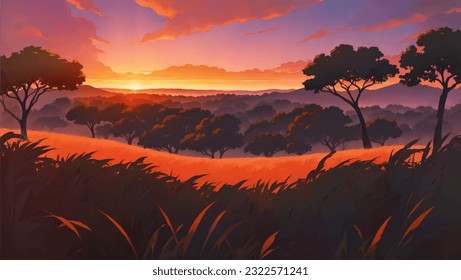 Beautiful Vast African Savanna Grassland at Dawn or Dusk Hand Drawn Painting Illustration