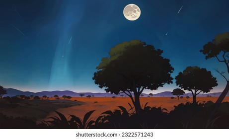 Beautiful Vast African Savanna Grassland at Night with Moon Hand Drawn Painting Illustration