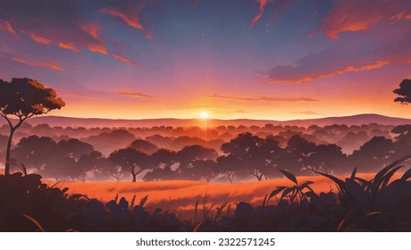 Beautiful Vast African Savanna Grassland at Dawn or Dusk Hand Drawn Painting Illustration