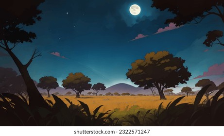 Beautiful Vast African Savanna Grassland at Night with Moon Hand Drawn Painting Illustration