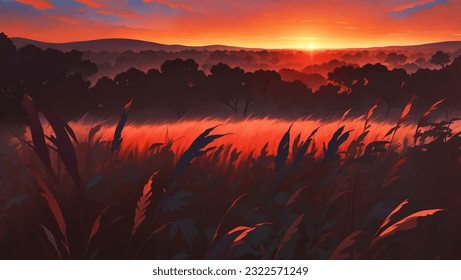 Beautiful Vast African Savanna Grassland at Dawn or Dusk Hand Drawn Painting Illustration