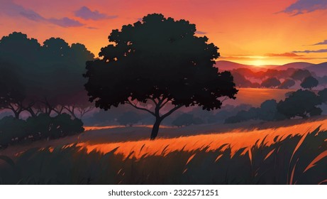 Beautiful Vast African Savanna Grassland at Dawn or Dusk Hand Drawn Painting Illustration
