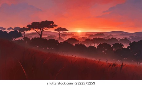 Beautiful Vast African Savanna Grassland at Dawn or Dusk Hand Drawn Painting Illustration