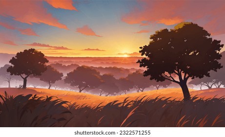 Beautiful Vast African Savanna Grassland at Dawn or Dusk Hand Drawn Painting Illustration