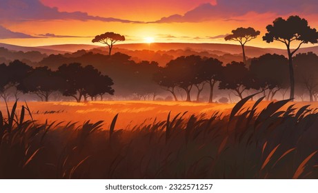 Beautiful Vast African Savanna Grassland at Dawn or Dusk Hand Drawn Painting Illustration