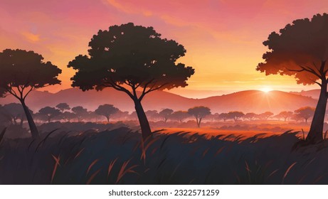 Beautiful Vast African Savanna Grassland at Dawn or Dusk Hand Drawn Painting Illustration