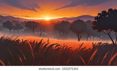 Beautiful Vast African Savanna Grassland at Dawn or Dusk Hand Drawn Painting Illustration