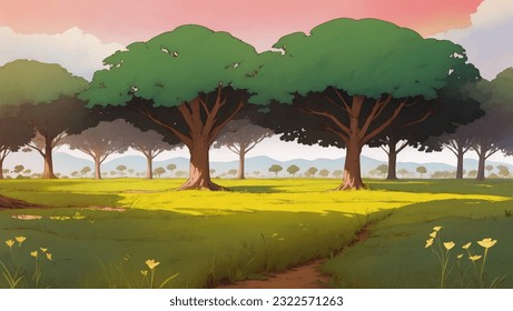 Beautiful Vast African Savanna Grassland Hand Drawn Painting Illustration