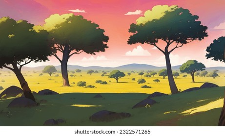 Beautiful Vast African Savanna Grassland Hand Drawn Painting Illustration