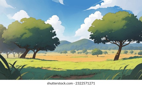 Schöne, großflächige, afrikanische Savanna Grassland handgezeichnete Malerei-Illustration