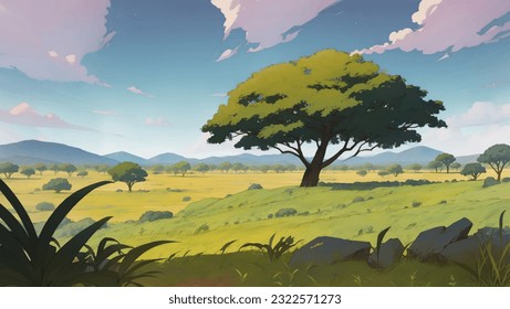 Beautiful Vast African Savanna Grassland Hand Drawn Painting Illustration