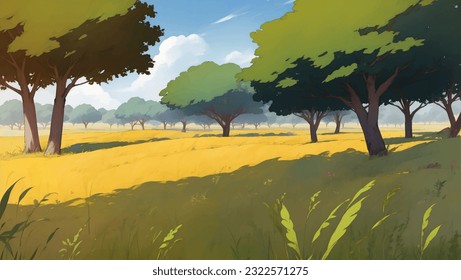 Beautiful Vast African Savanna Grassland Hand Drawn Painting Illustration