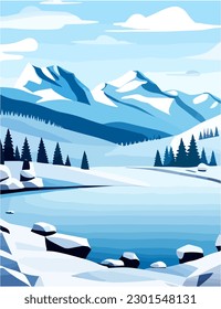 Beautiful vast winter landscape vector background illustration showing the cold but calm snowy climate with a frozen river and large mountains in the distance. Seasonal cards and fun book covers.